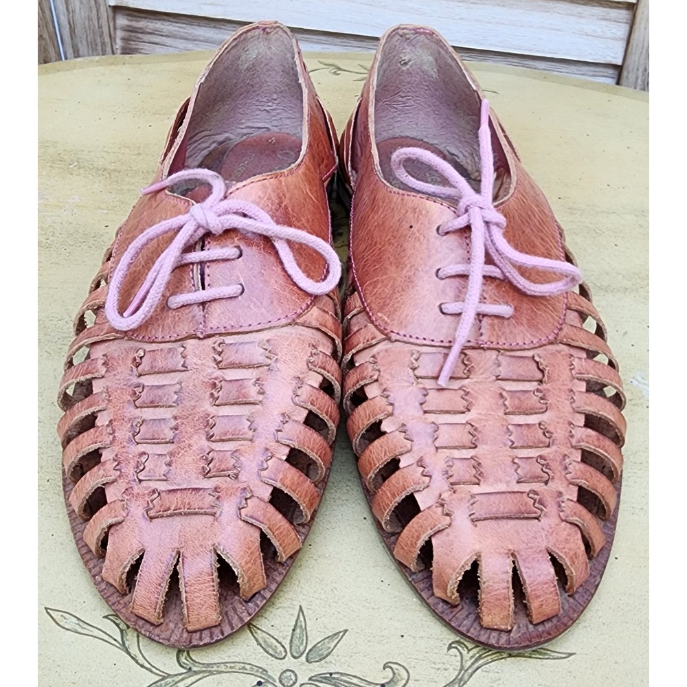Freestyle Sz 4 Brown Leather Huarache Oxford Sandals Woven Lace Up Made Brazil